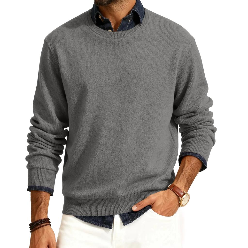 Pánský pulovr s kulatým výstřihem, dlouhým rukávem a žebrovaným úpletem