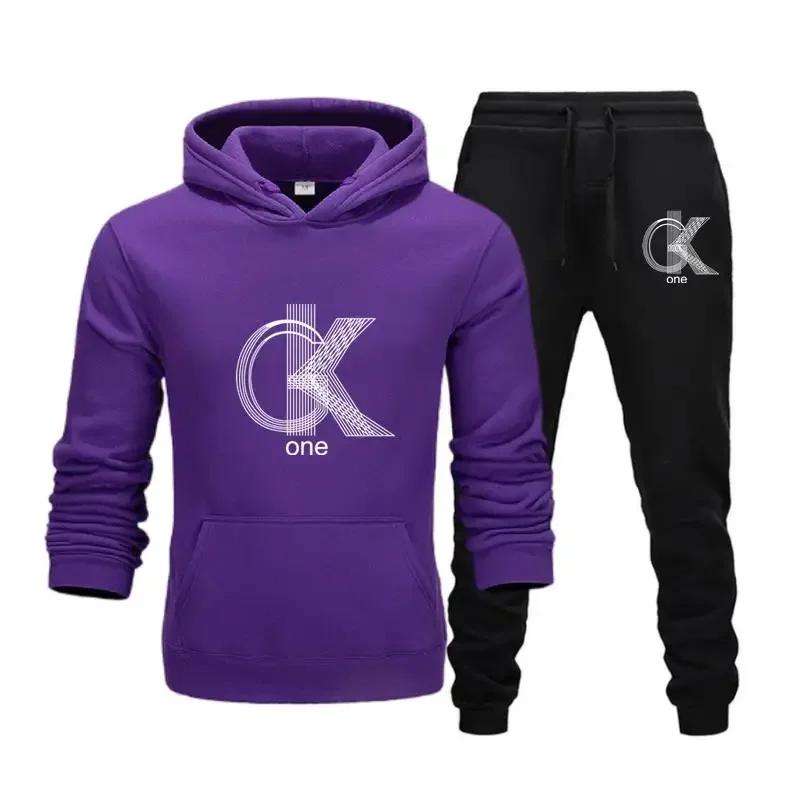 Linegeo Men Hoodie & Jogger Set, Refined Striped Interlocked Letter Art Print, Thick Fleece Sport Two Piece Set for Street Leisure