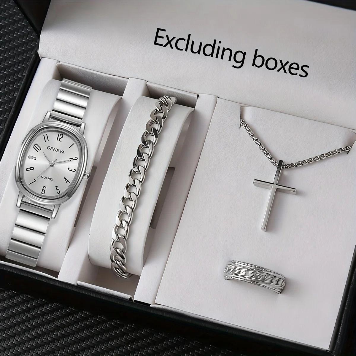 4pcs/set-Fashion Retro Trendy Style Steel Strap Bamboo Knot Watch Shining Square Dial Ring Necklace Set