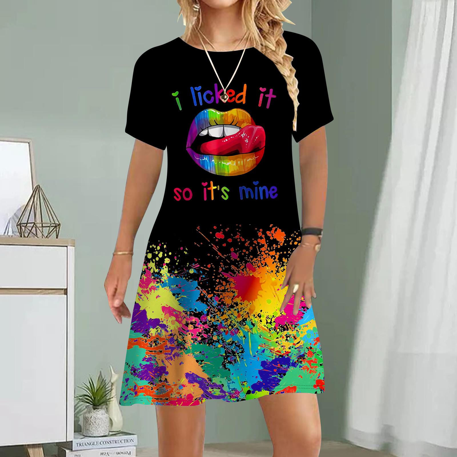 

Женское повседневное платье Летние платья с принтом губ для женщин с круглым вырезом и коротким рукавом Платье размера плюс XL разноцветный