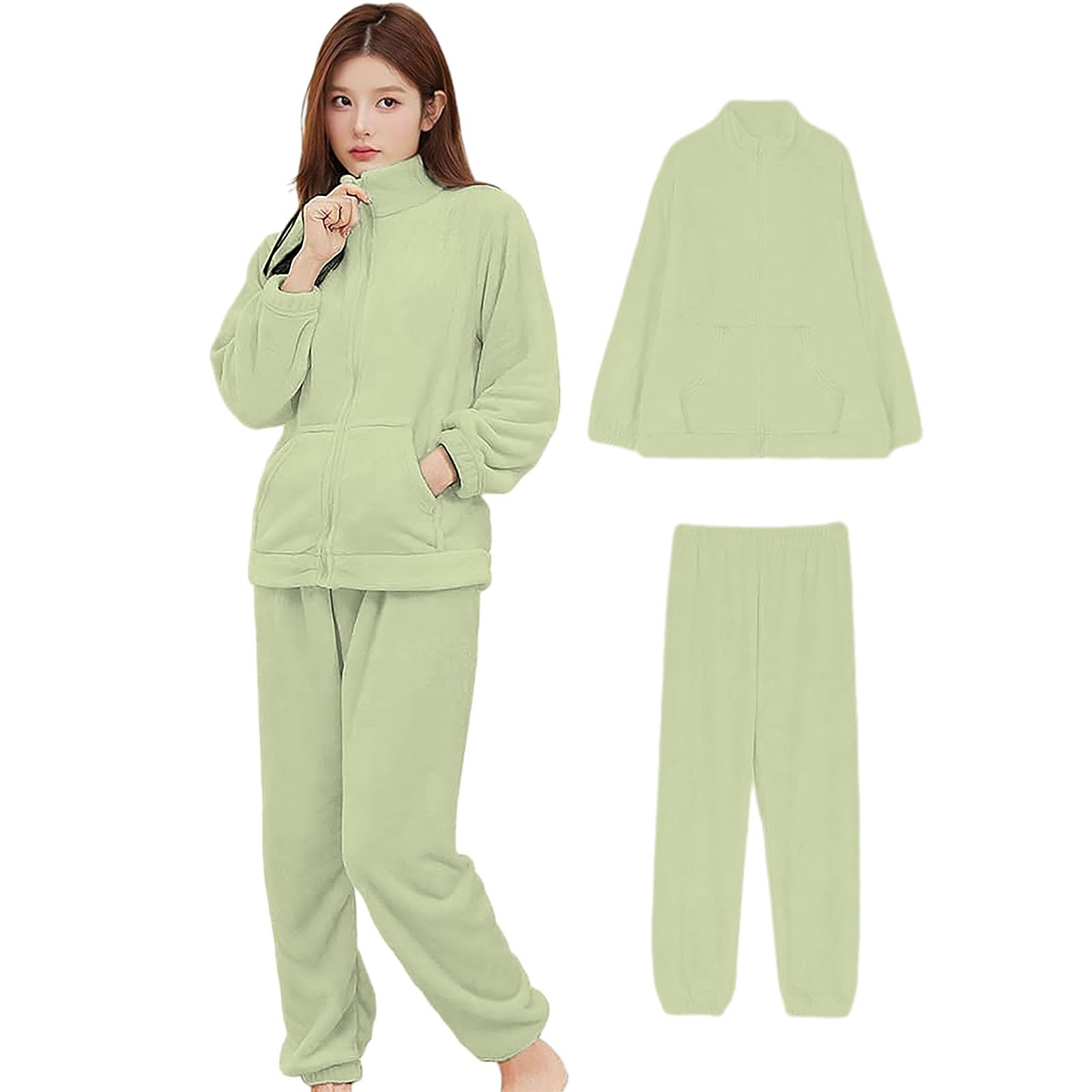 

Домашняя одежда Топ с длинным рукавом и круглым вырезом и низ с зауженными брюками и кардиган на молнии Флисовая подкладка для пушистого Идеально подходит для осени и зимы [Narebualo