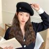 Black Knitted Beret Women's Autumn and Winter Plush Wool Hat Showing Face Small Wool Hat Mohair Painter Hat Men