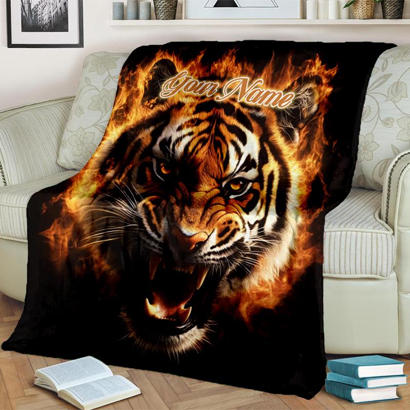 1PC Custom Name Tiger Power flannel blanket versatile, all-season throw suitable for the living room, bedroom, camping, travel, and gift
