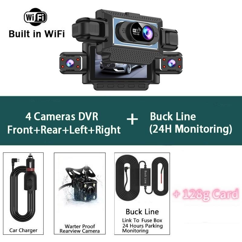 4-Channel 360° Dash Cam for Cars – WiFi APP, 1080P, 4 Camera Lenses, Rear View, Video DVR