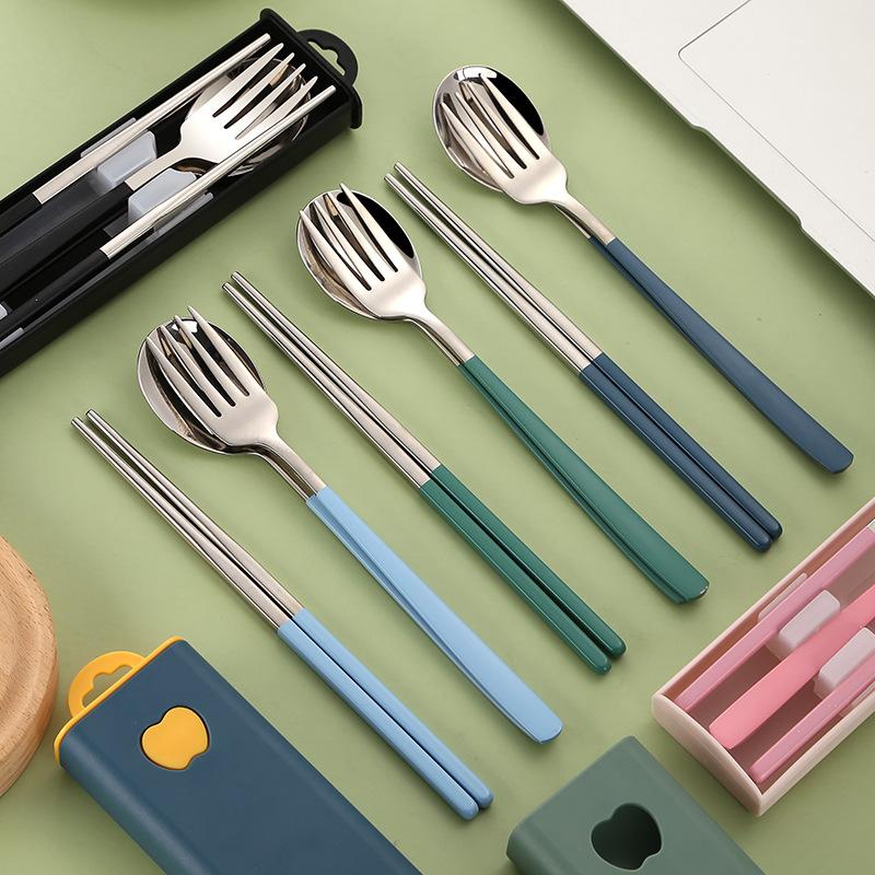 304 stainless steel tableware spoon fork chopsticks three-piece set portable tableware travel student tableware set