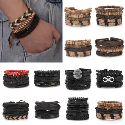 5 sztuk moda męska zroszony drewniany koralik pleciona bransoletka skórzana kombinacja zestaw bransoletek prezent biżuteria akcesoria fabryka