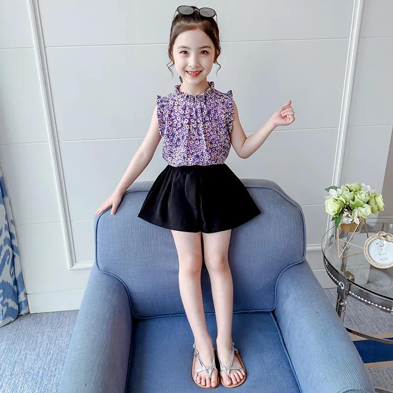 2PCS Children Clothing Set Spring Summer Girls Suits Printing Sleeveless Stripe Tops + Pants Clothing Set