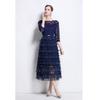 Solid Patchwork Embroidery Cascarding Ruffles Long Dress for Women Slash Neck Lace Hollow Out Office Work Dress Female Clothing