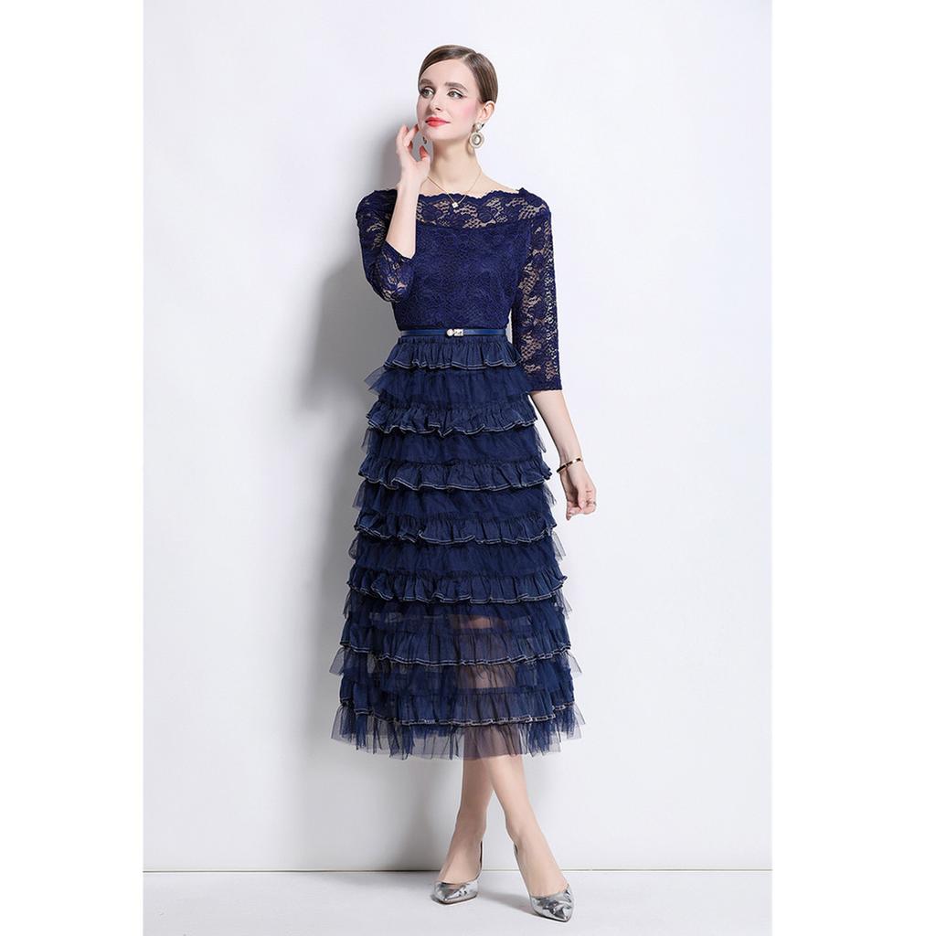 Solid Patchwork Embroidery Cascarding Ruffles Long Dress for Women Slash Neck Lace Hollow Out Office Work Dress Female Clothing