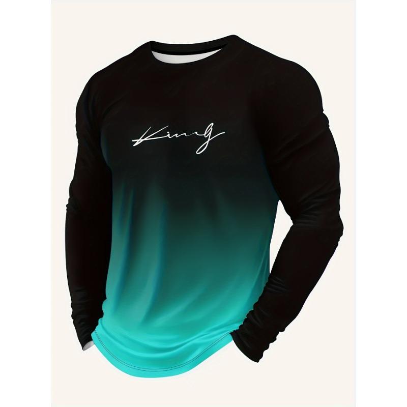 Men's Letters Print Gradient Color Long Sleeve Crew Neck T-shirt, Casual Comfy Tee As Gift