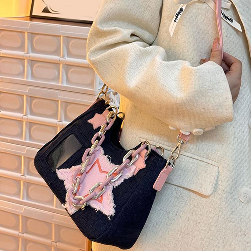 Y2K Vintage Korean Fashion Shoulder Bag Underarm Harajuku Star Tote Denim Bag Chain Ladies Bags Zip Purses Handbags Women