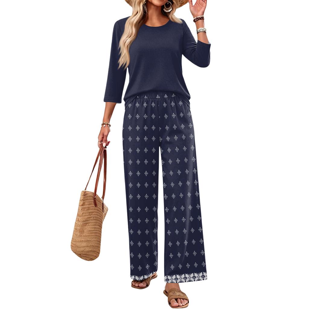 Women's Casual Fashion Round Neck Loose Fit Printed Three Quarter Sleeve Top with Wide Leg Pants Set Comfortable Lounge Wear