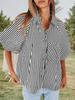 Blusa de Mujer Rayada con Mangas Abullonadas, Cuello en V, Cuello Camisero, Botones, Top Holgado