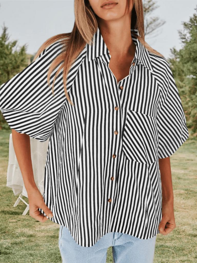 Blusa de Mujer Rayada con Mangas Abullonadas, Cuello en V, Cuello Camisero, Botones, Top Holgado