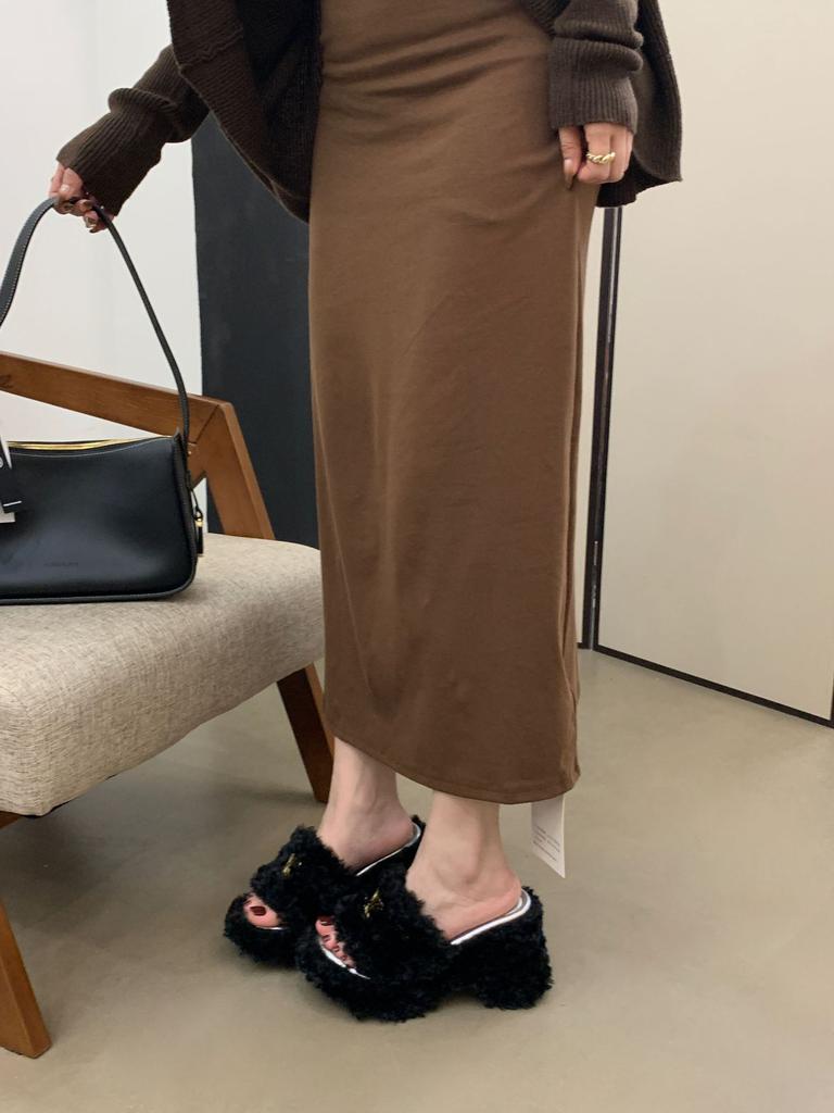 Sheep Curly Wool Slippers Women's Outer Wear 2025 New Autumn and Winter Feeling Metal Thick Bottom Heightening Small Slope Heel One-word Drag
