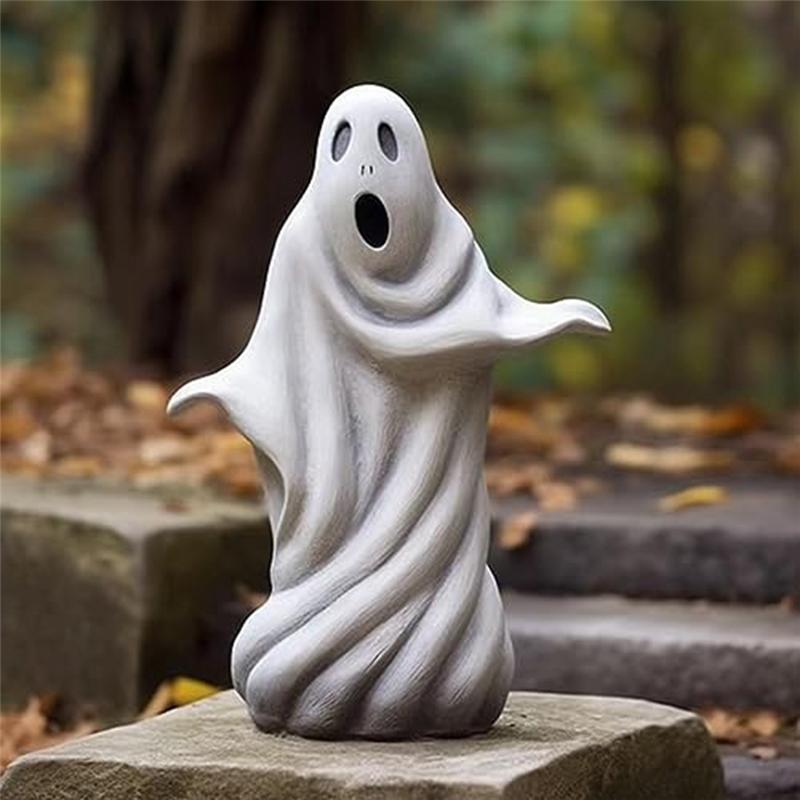 AEE4-Ghost Statue, White Resin Garden Ghost Sculpture Halloween Decorations, Ghost Figurines For Home Room Desk Decor A Easy To