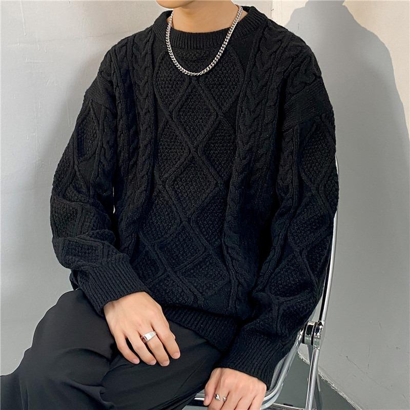 Men's Casual Loose Fit Cable Knit Sweater - Black Autumn/Winter