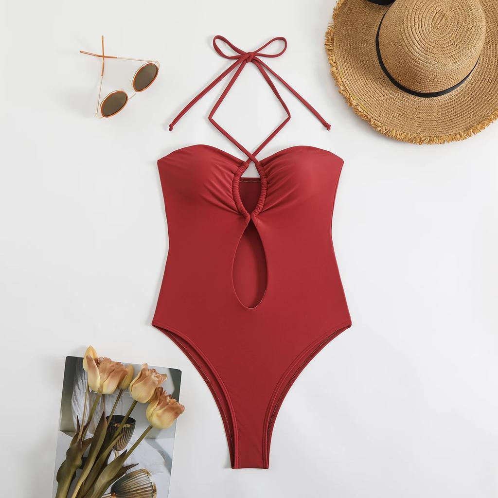 Sexy Halter Top Bikinis Bandeau Swimwear One Piece Women Swimsuit Female Bath Bathing Suit Swimming for Beach Wear Monokini