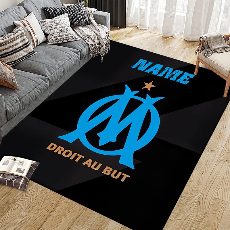 Custom Name,Olympique De Marseille Home Sofa Decoration for Living Room & Bedroom, Non‑Slip Play Flannel Floor Mat for Game Room