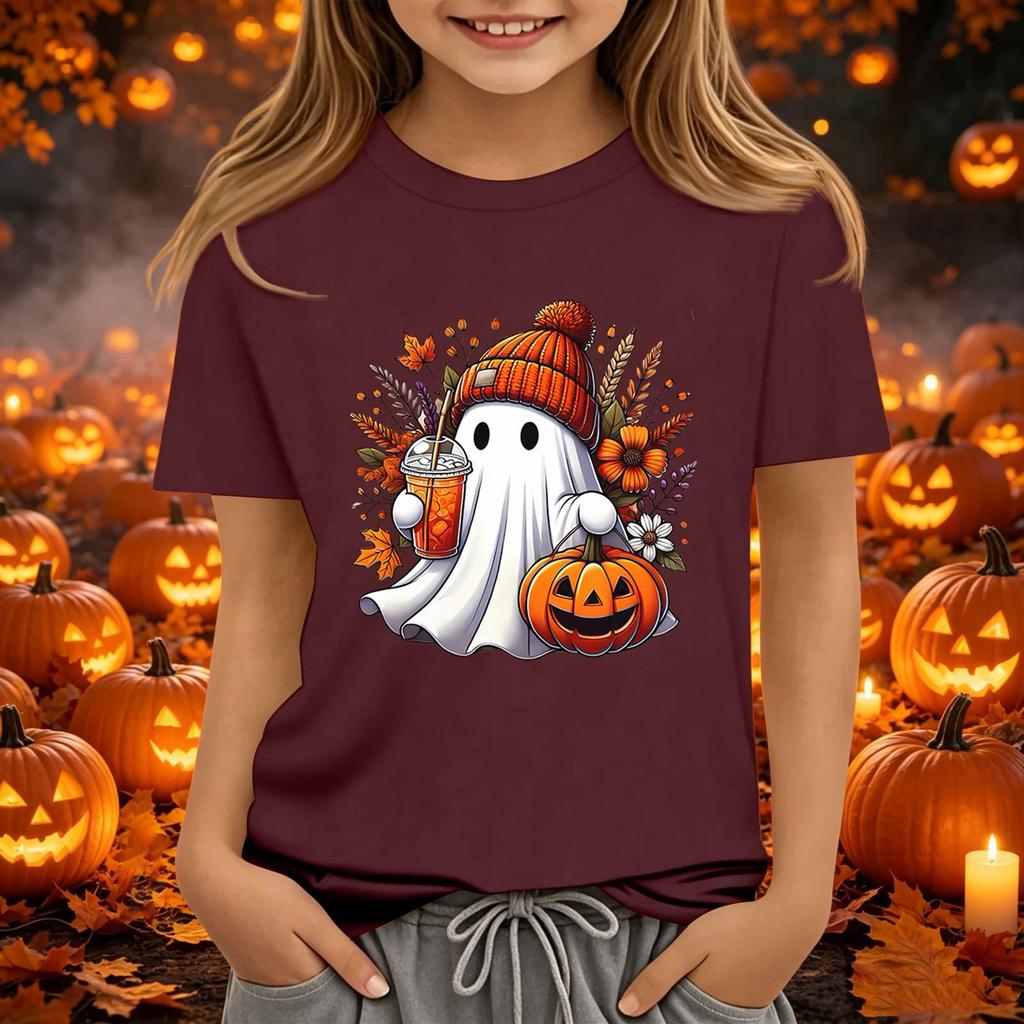 Kids Halloween Printed Short Sleeve T-Shirt Neck Relaxed Fit Casual Top for Boys and Girls
