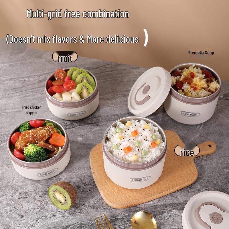 Round Multi-layer Stainless Steel Insulated Bento Box with Lid - Microwaveable Lunch Container for Office and Students.