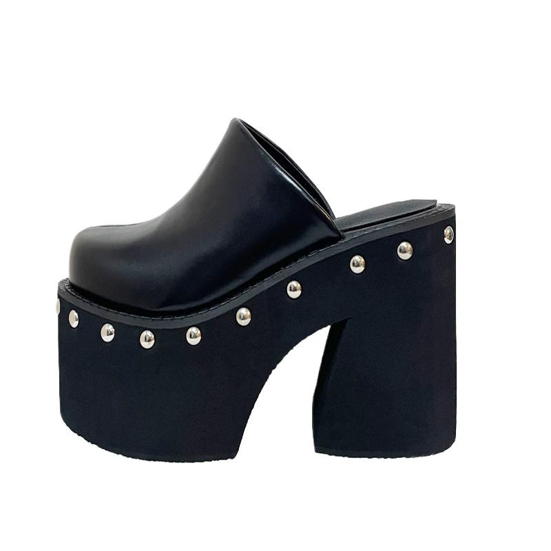 Black Solid Platform Rivets Women Slippers Fashion Design Thick Bottom High Heels Shoes Summer Party Dress Zapatos Mujer
