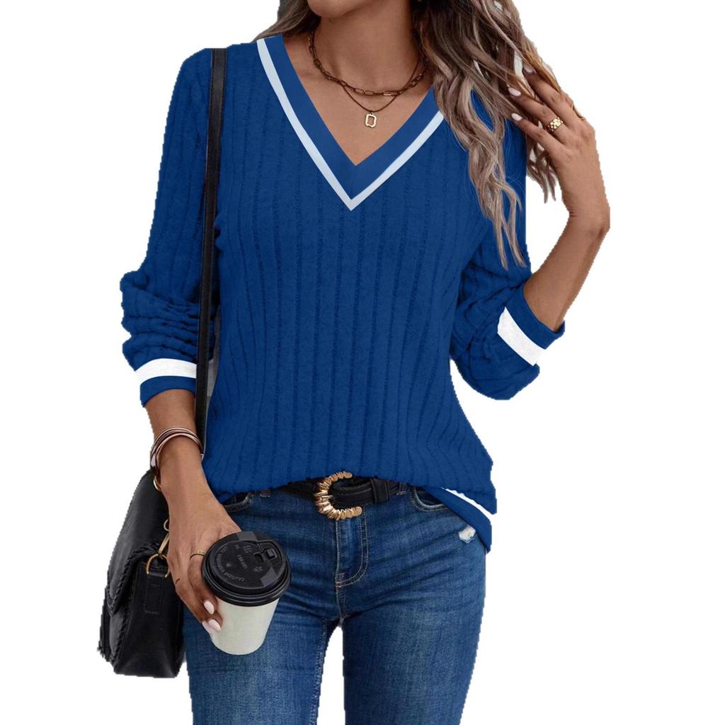 Top da Donna Casual 2025 con Scollo a V, Patchwork, Manica Lunga - Colore Unito Collezione Primavera/Autunno