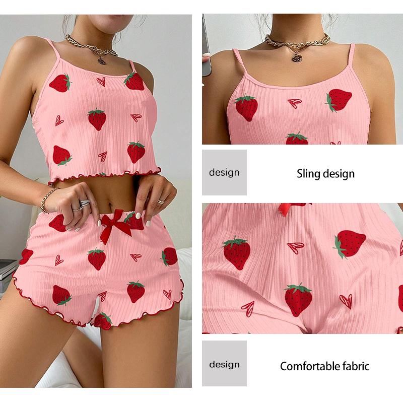 Women's Strawberry Printed Pajama Set Ice Silk Camisole Vest and Shorts Casual Home Pajama Set 2 Pcs