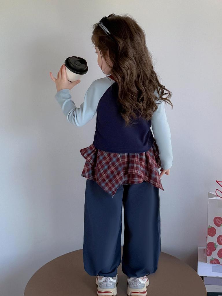 Girls' Korean Cartoon Plaid Bib Overalls Set - Autumn 2025 Edition