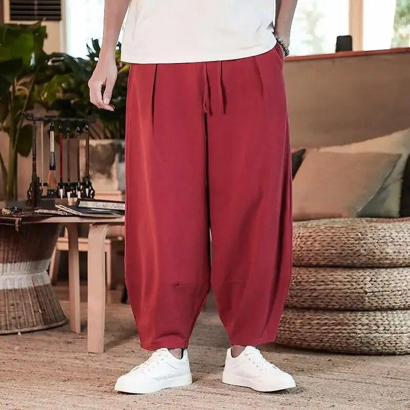 Męskie spodnie bawełniane i lniane Męskie letnie oddychające Nowe, jednokolorowe Męskie luźne spodnie fitness Baggy Streetwear Plus Size