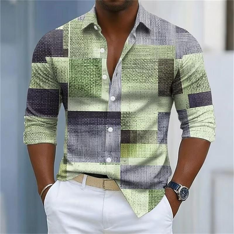 Autumn Winter New Men Casual Long Sleeve 3D Digital Print Lattice Long Sleeve Shirt