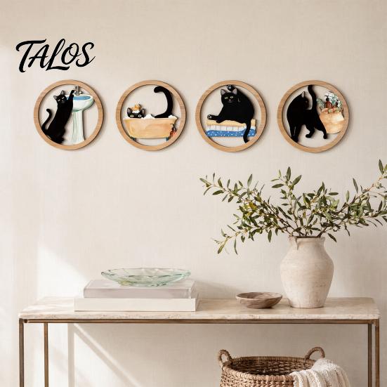 Arte da Parete 4 Pezzi Minimalista Gatto Nero, Cerchio Rotondo Geometrico Legno Non Tossico Rivestimento Legno Decorazione, Cartello Appeso Astratto per Soggiorno,