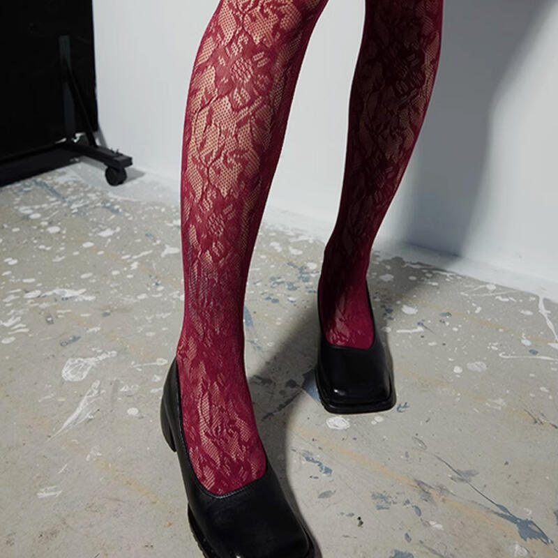 Morbet burgundy flower sheer mesh pantyhose