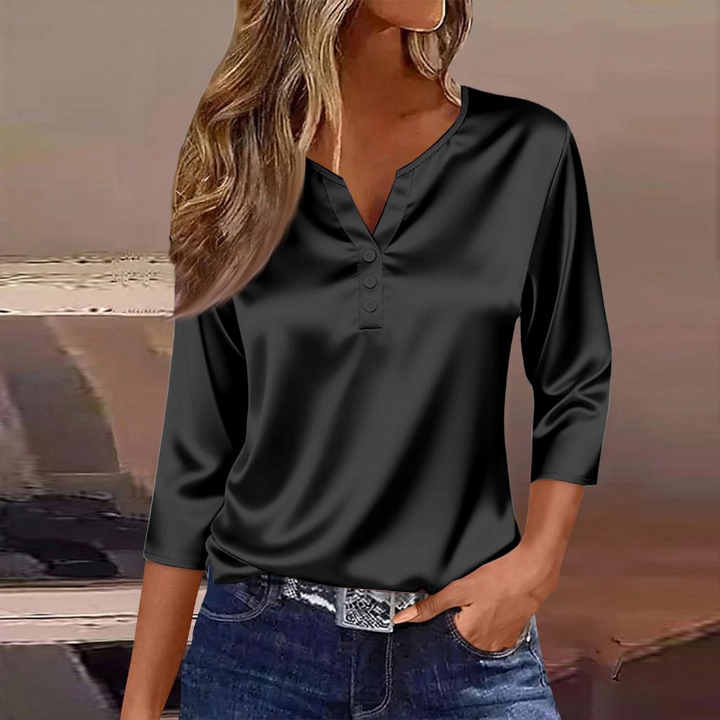 Women's Collar Three-Quarter Sleeve Satin Shirt Top, Lightweight Spring/Summer Top
