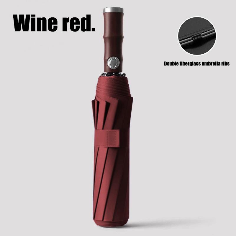 

20 Bone Imitation Bamboo Handle Double Keel Automatic Folding Umbrella For Business Rain And Sun Protection For Men Women 10K вина червоного кольору