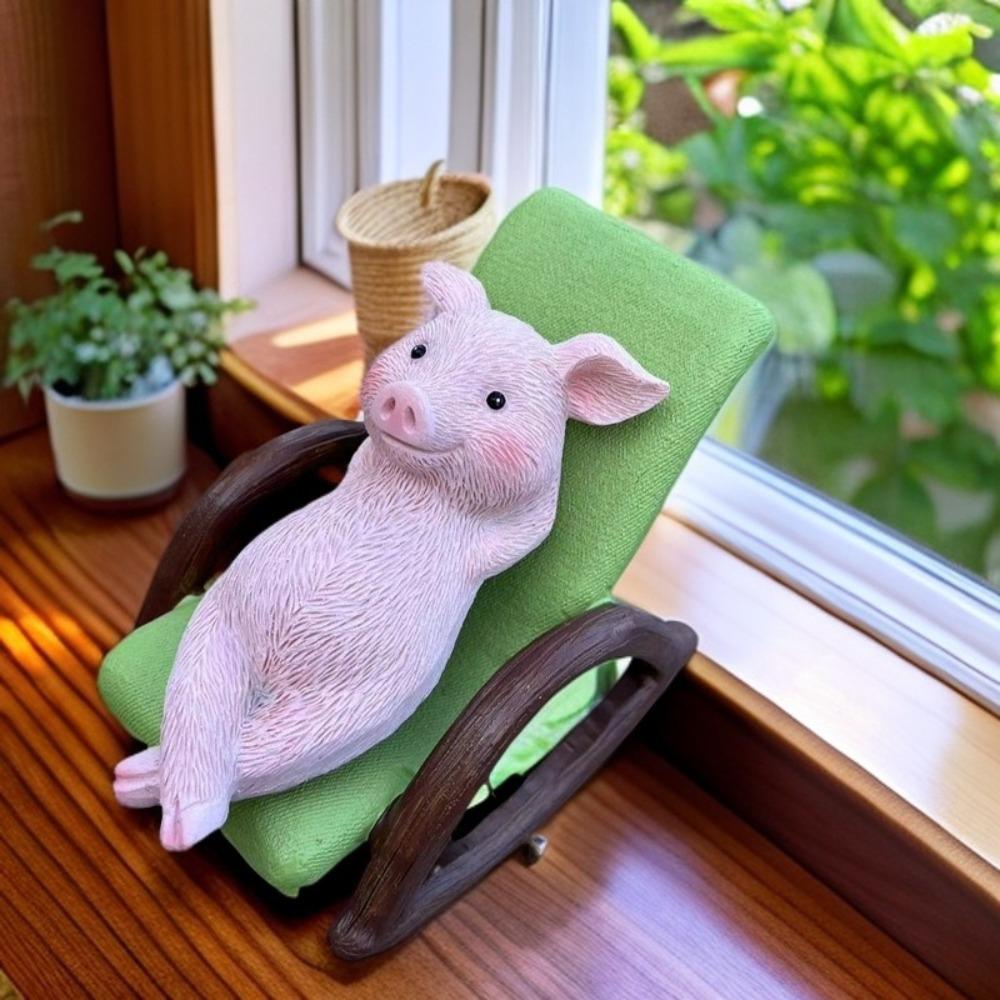 

Animal Ornaments Outdoor Pig Sculpture Rocking Chair Micro Landscape Rabbit Retro Resin Statue Pig