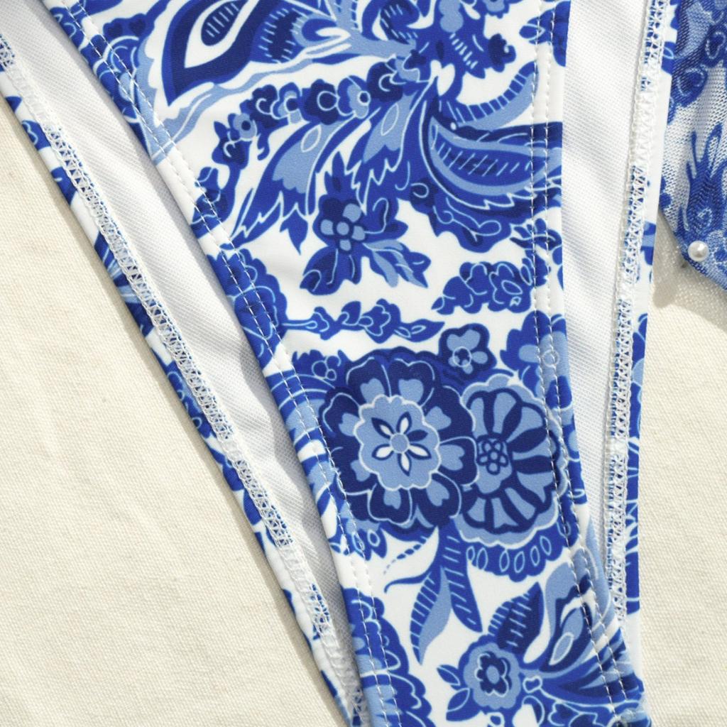 European And American Apron Three-Piece Bikini Retro Printed Lace-Up Swimsuit Women'S Swimsuit
