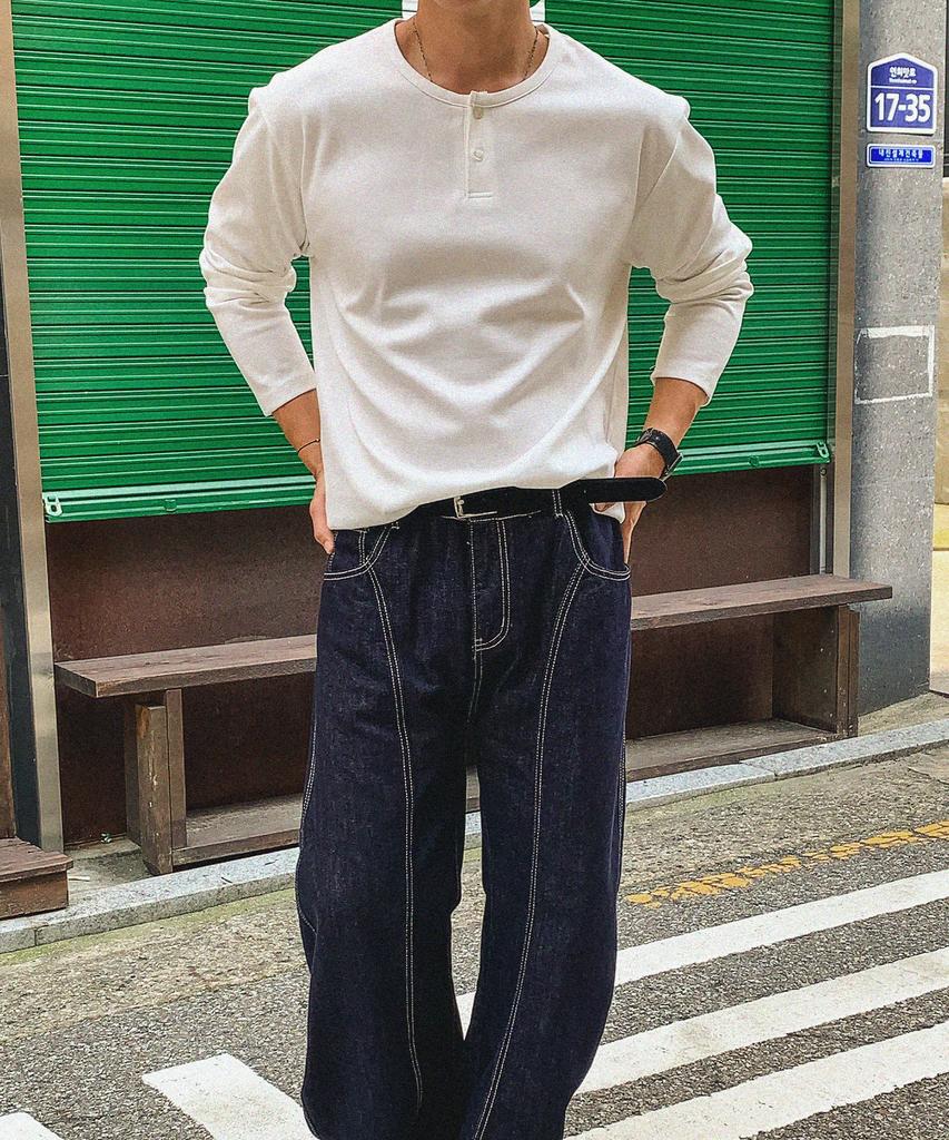 BYMONO [Plus Sizes M-8Xl] Snug-Eye-Cut Tee Henley Neck Automatic Tuck-In Drop Long Sleeve Tee