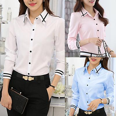 Women Elegant Long Sleeves Single-breasted Turn Down Collar Slim Striped Shirt