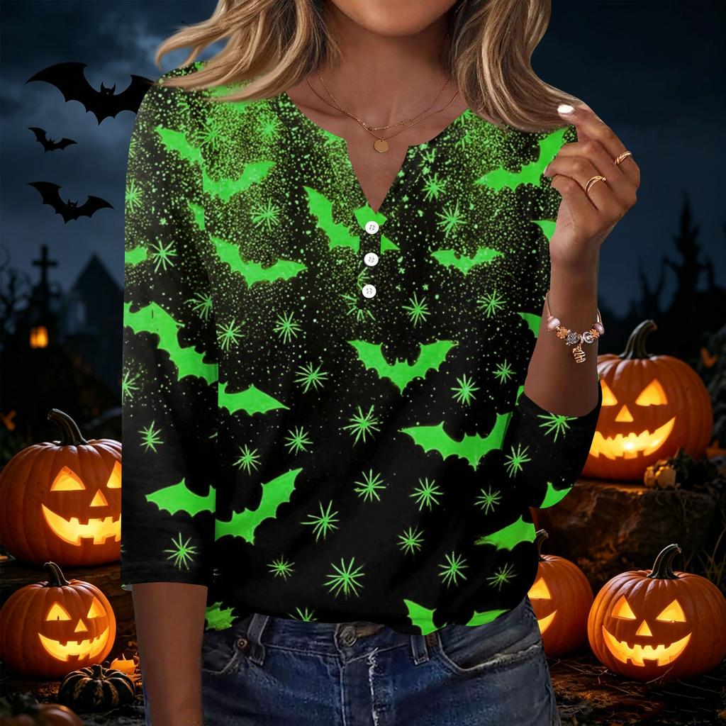Women's Casual Halloween Print V Neck Button Three Quarter Sleeve T Shirt Top Lightweight Comfortable Fit Seasonal Graphic Tee