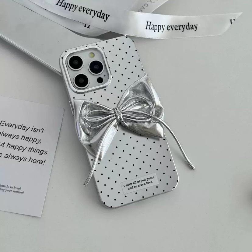 iPhone 15 Silver Electroplated Polka Dot Case, Apple 14 Pro Max Bow Case, iPhone 13 Full Package Case.