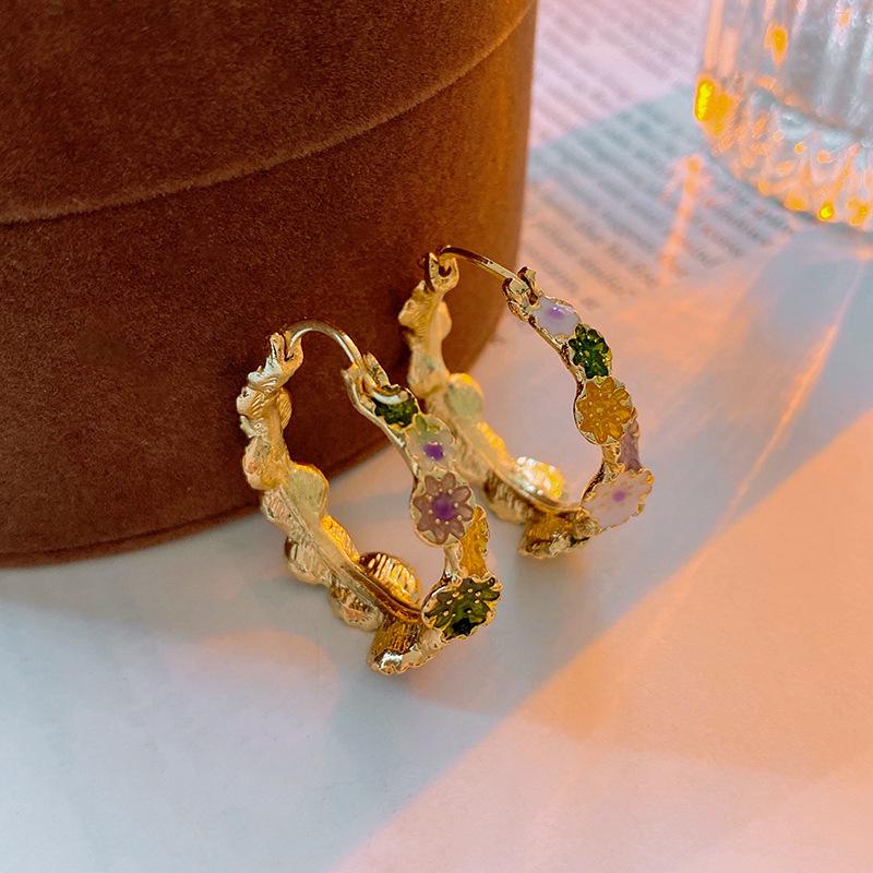 Boucles d'oreilles pendantes vintage en émail style peinture à l'huile - Luxe léger, design rétro haut de gamme pour femmes