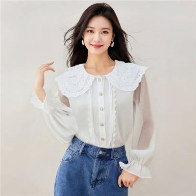 Blusa Dolce Colletto da Bambola Francese da Donna Top a Maniche Lunghe Largo