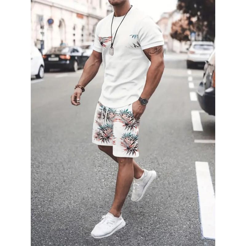 Summer Men's Casual Short Sleeve Suit Retro Palm Print Casual Holiday Fashion Street Wear Short Sleeve Shorts 2 Pieces