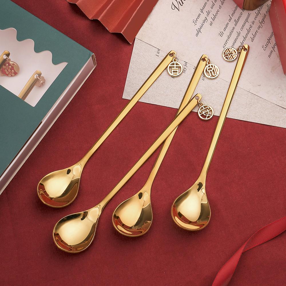 HANYANG Tableware Stainless Steel Spoon God of Fortune Lion Dance Gold Dessert Spoon Fortune Cat Fruit Fork