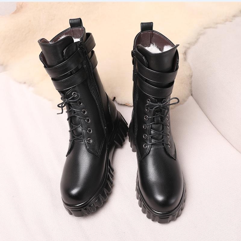 Mode AIYUQI Damen Winterstiefel 2025 Neue Plateau Echtleder Damen Mittelstiefel Wolle Warm Bikerstiefel Damen