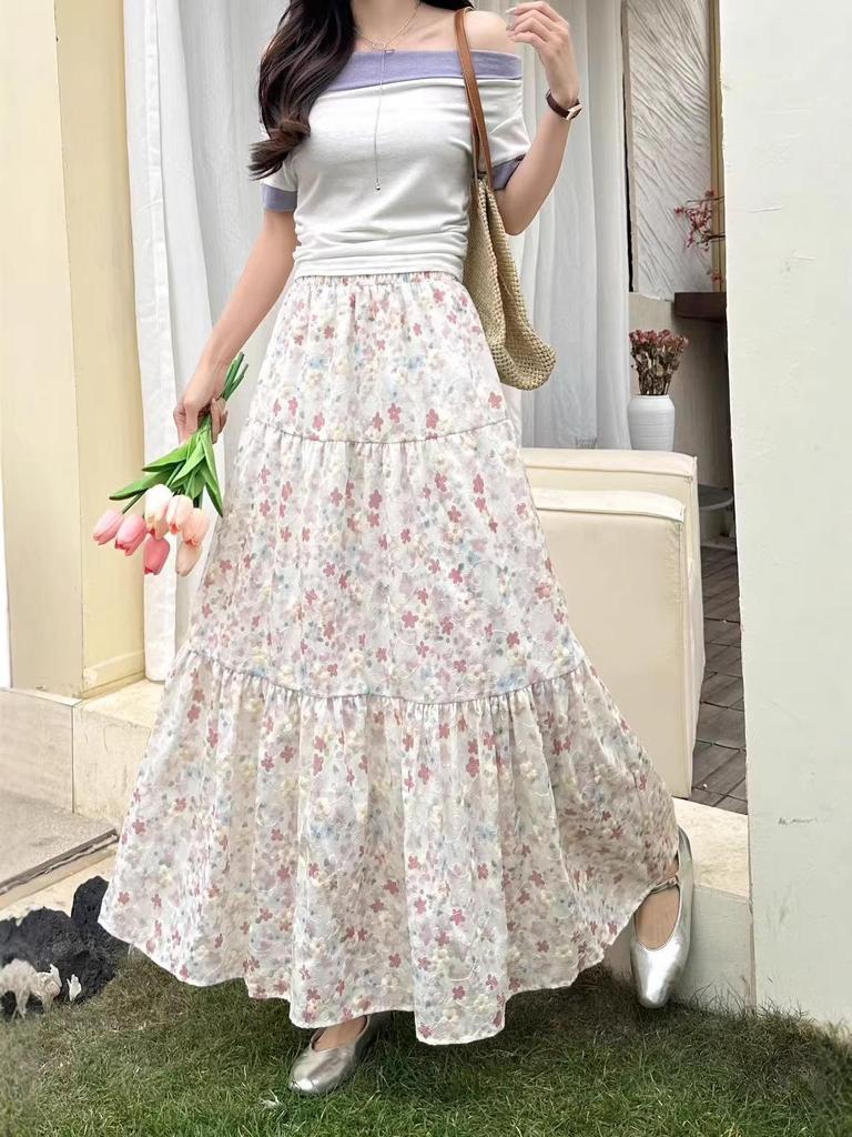 French Floral High-Waisted A-Line Skirt - Summer Fresh Mid-Length Skirt