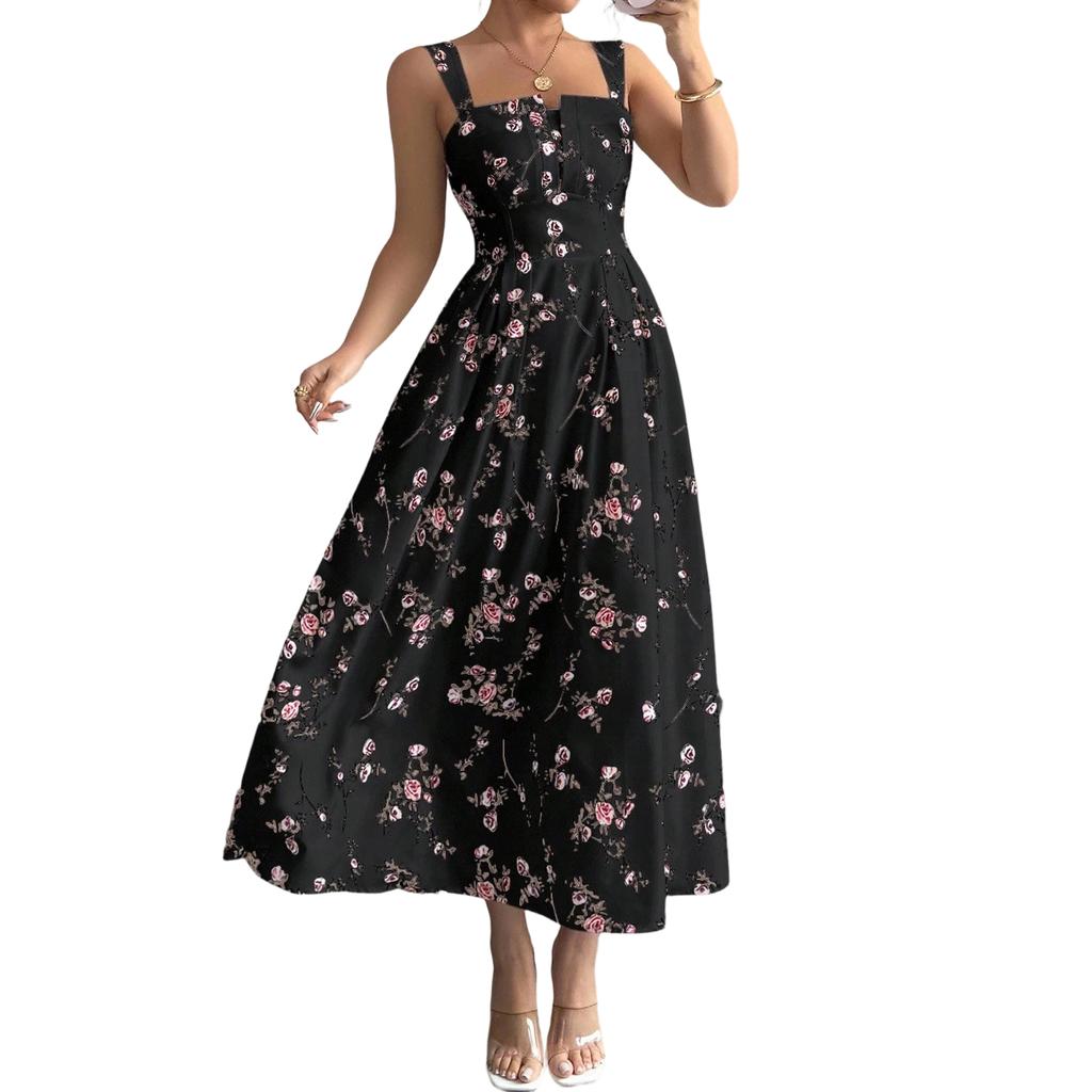 Women Sleeveless Square Neck Floral Print Maxi Dress Casual Loose Fit Long Sundress Lightweight Summer Wear