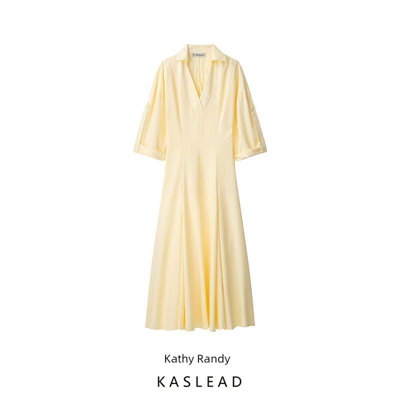 Kaslead New Women clothes Western Style Fashion Simple Slimming Lapel Shirts Trench coat Dress