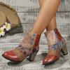 Autumn and winter new ethnic style color matching short boots printed thick heel retro handmade soft leather ankle boots